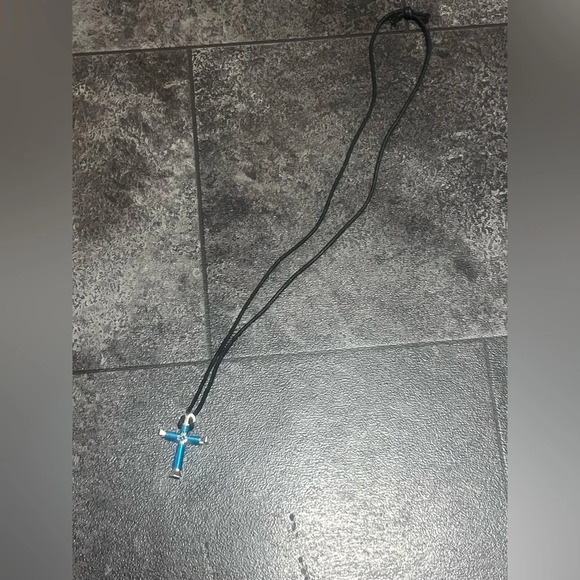 OOAK Blue and Silver Wire Cross Pendant in Long Black Rope Chain - Picture 3 of 4